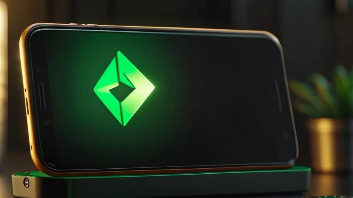 Celular en un soporte con un icono verde luminoso en la pantalla junto a una planta