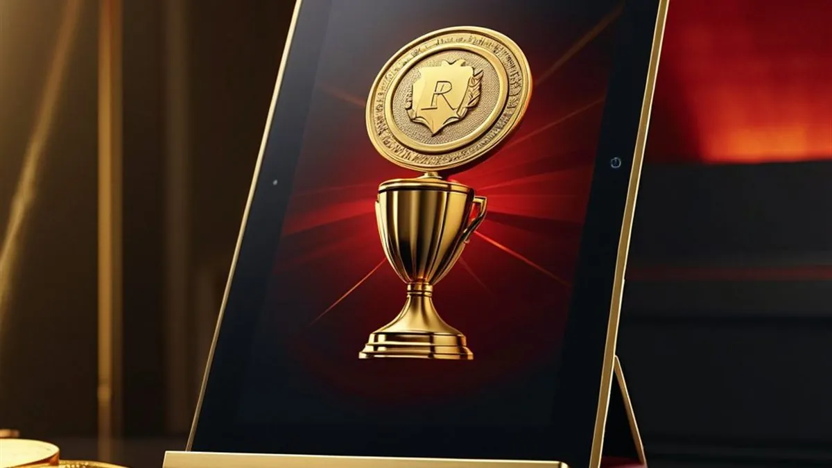 Tablet con un trofeo dorado y una moneda en pantalla sobre un soporte rojo