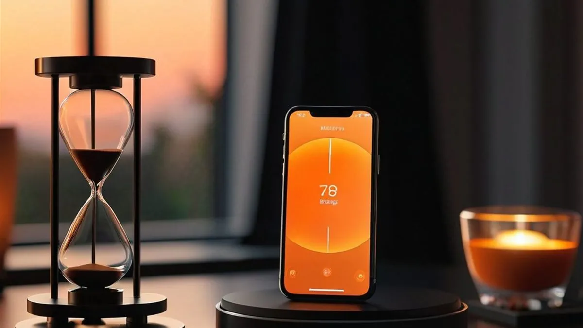 Celular con un temporizador naranja en pantalla junto a un reloj de arena al atardecer