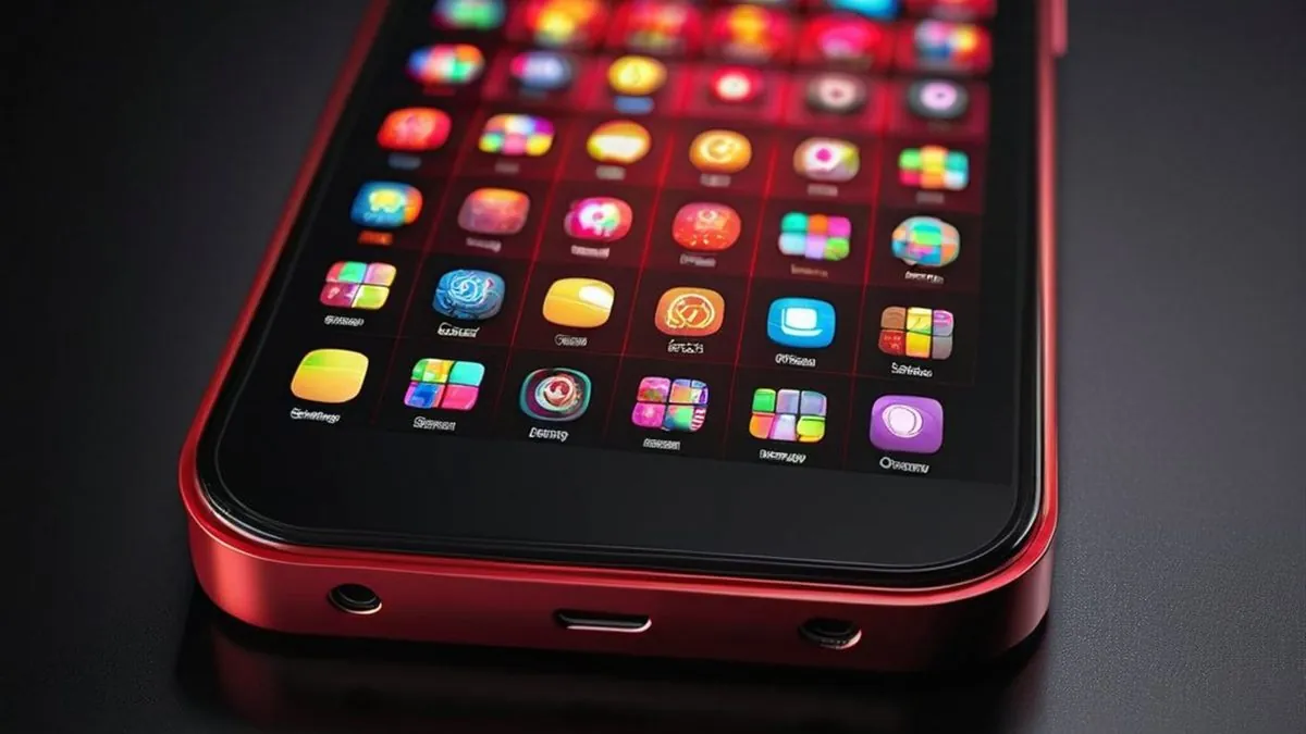 Celular rojo sobre una mesa oscura con una cuadrícula de iconos de aplicaciones de colores