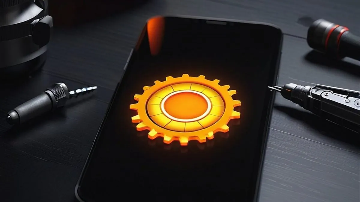 Celular sobre un escritorio oscuro con un engrane naranja luminoso en pantalla y herramientas